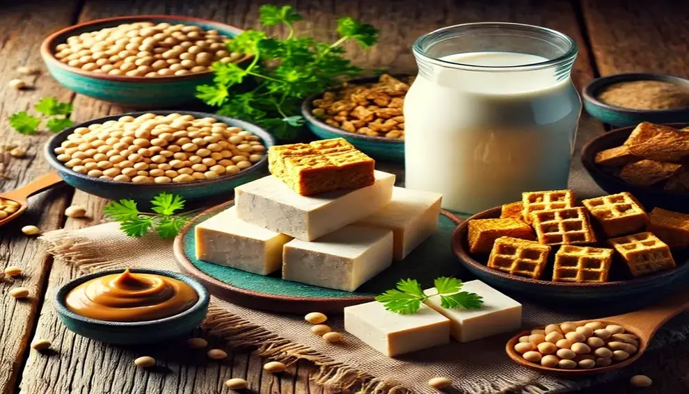 Tofu, tempeh, and a glass of soy milk on a rustic table. kheltechie