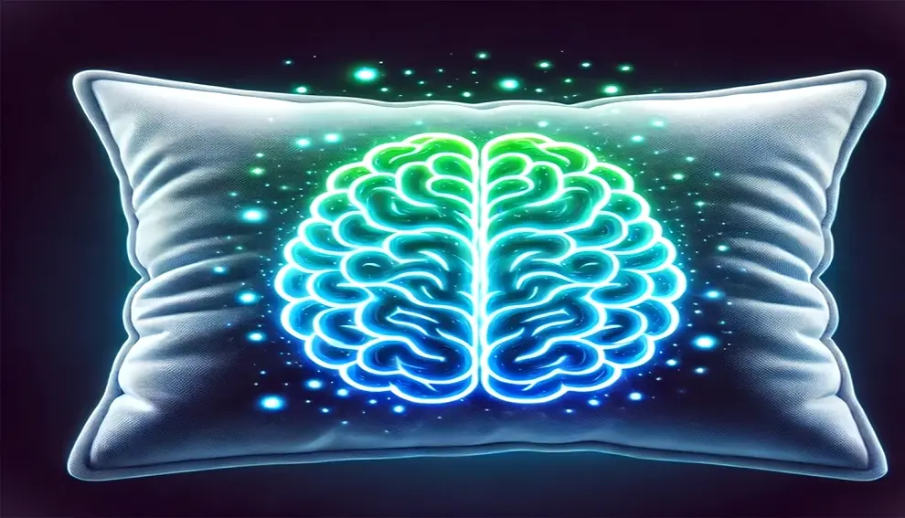 An illustration of a glowing brain over a pillow, emphasizing how sleep supports memory, focus, and toxin removal for a healthy brain.