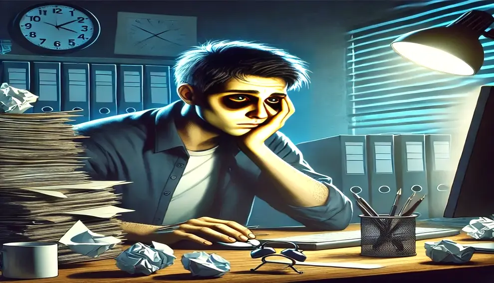 A tired individual sitting at a cluttered desk with dark circles under their eyes, symbolizing the effects of poor sleep on productivity and mental health.