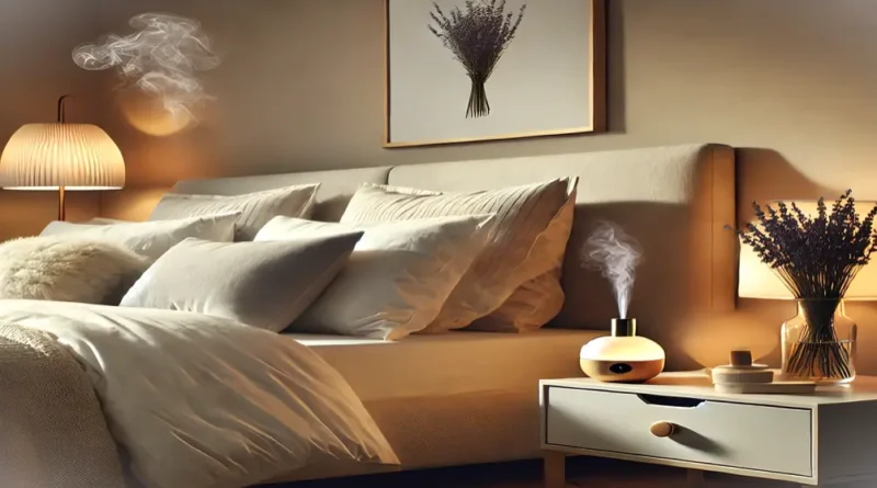 A cozy bedroom setup with fluffy pillows, warm lighting, and a lavender diffuser on the nightstand, ideal for promoting restful sleep.