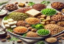 "Assorted Indian vegetarian protein-rich foods including lentils, chickpeas, paneer, tofu, and nuts.