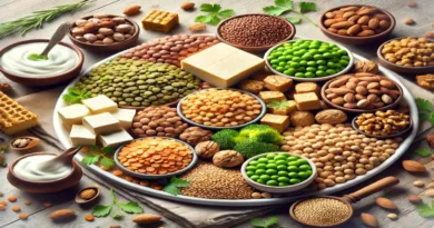 "Assorted Indian vegetarian protein-rich foods including lentils, chickpeas, paneer, tofu, and nuts.