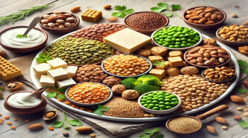 "Assorted Indian vegetarian protein-rich foods including lentils, chickpeas, paneer, tofu, and nuts.