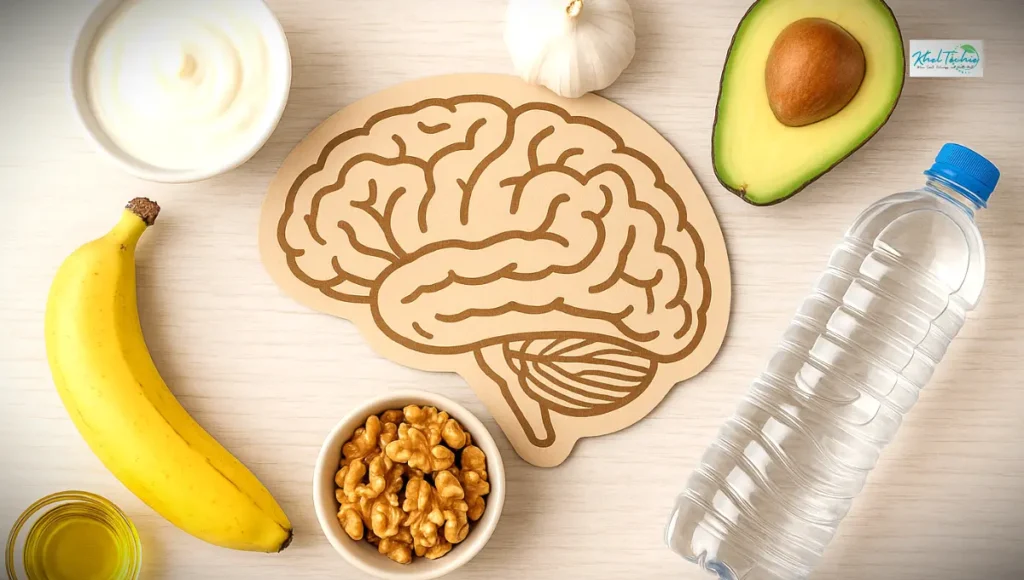 Flat lay of gut-friendly brain foods — yogurt, banana, garlic, avocado, walnuts, olive oil, and a water bottle, arranged on a wooden table with a brain-shaped placemat.