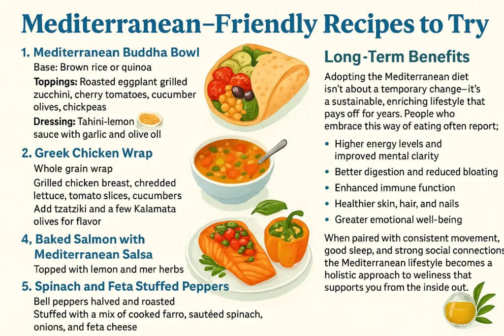 Illustrated infographic showcasing five Mediterranean diet recipes—Buddha Bowl, Greek Chicken Wrap, Lentil Soup, Baked Salmon, and Stuffed Peppers—alongside long-term health benefits such as improved energy, digestion, immunity, and emotional well-being