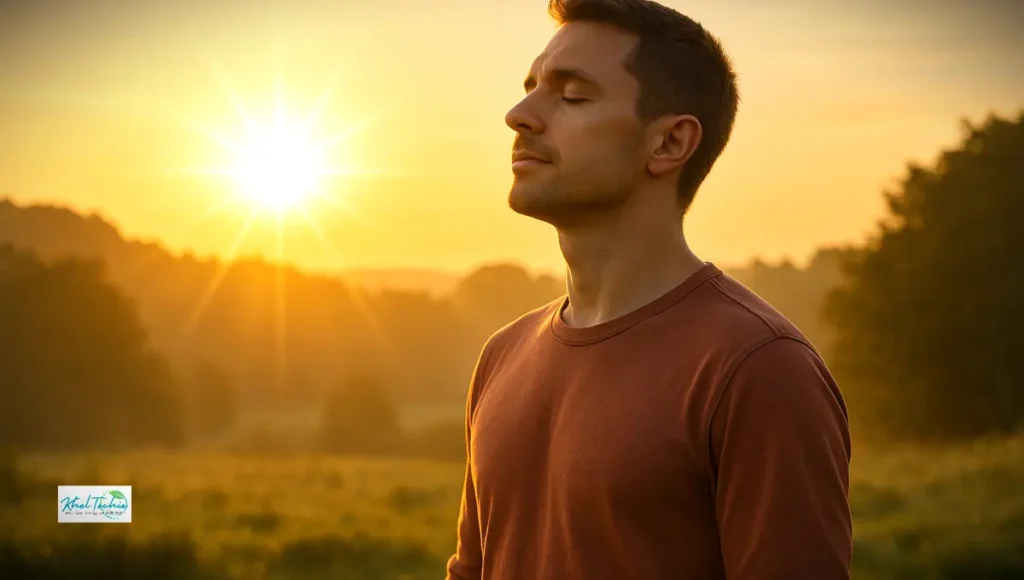 "Morning routine for brain health — person enjoying sunrise outdoors with calm expression, practicing deep breathing, with sun rays highlighting their head.