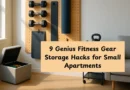 Small studio apartment showing space-saving storage for fitness gear