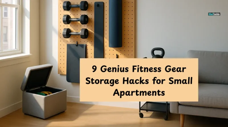 Small studio apartment showing space-saving storage for fitness gear