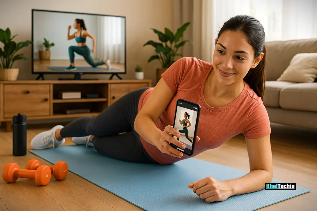A Women watch fitness videos on fitness apps