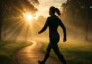 A person briskly walking through a misty sunrise park, symbolizing the beginning of a powerful health transformation.