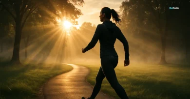 A person briskly walking through a misty sunrise park, symbolizing the beginning of a powerful health transformation.