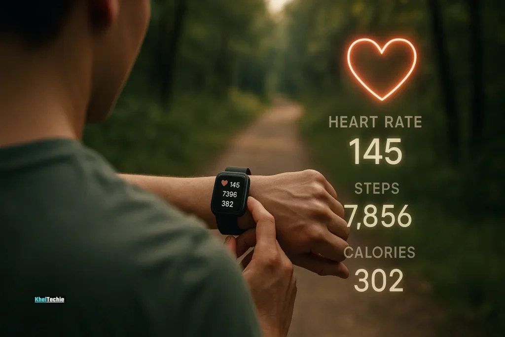 A person checking brisk walking stats on a smartwatch while walking on a trail