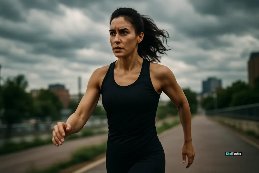 A person walking briskly on a city trail with confident body language, emphasizing motion and purpose