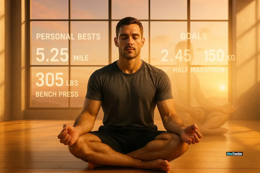 Athlete visualizing goals in meditation, symbolizing mental resilience for fitness success.