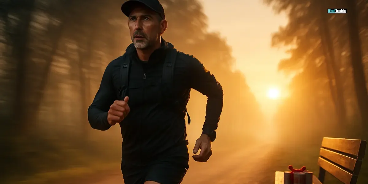 Active middle-aged father jogging at sunrise in scenic trail with fitness gear and gift box