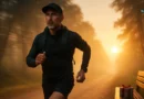 Active middle-aged father jogging at sunrise in scenic trail with fitness gear and gift box