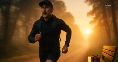 Active middle-aged father jogging at sunrise in scenic trail with fitness gear and gift box