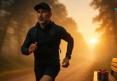 Active middle-aged father jogging at sunrise in scenic trail with fitness gear and gift box