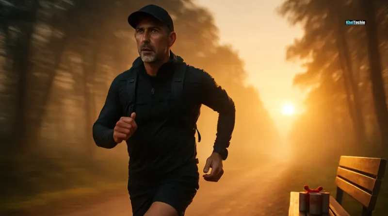 Active middle-aged father jogging at sunrise in scenic trail with fitness gear and gift box