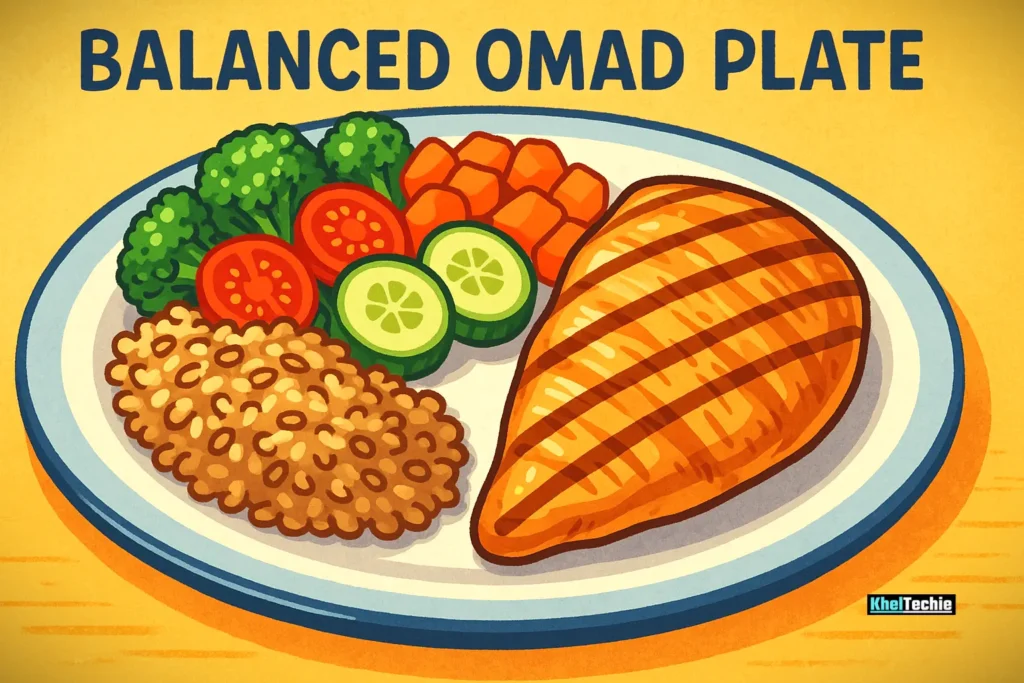 Balanced OMAD plate with chicken, veggies, and grains
