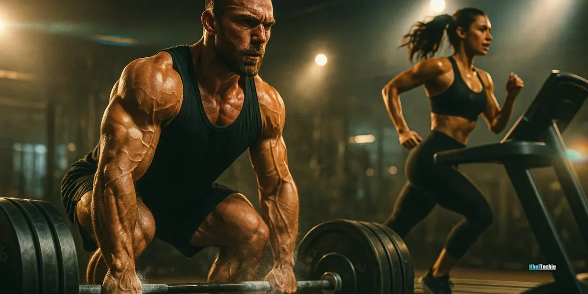 Balanced cardio and strength training for fat loss in a cinematic gym setting.