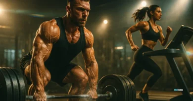 Balanced cardio and strength training for fat loss in a cinematic gym setting.