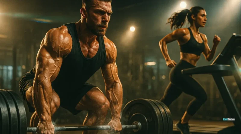 Balanced cardio and strength training for fat loss in a cinematic gym setting.