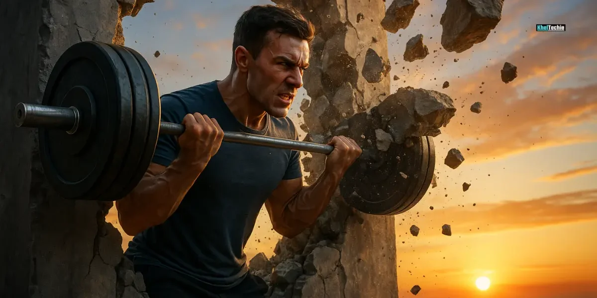 A muscular man breaks through a concrete wall with a barbell at sunrise, symbolizing strength, determination, and overcoming fitness Plateau