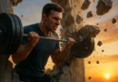 A muscular man breaks through a concrete wall with a barbell at sunrise, symbolizing strength, determination, and overcoming fitness Plateau