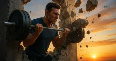 A muscular man breaks through a concrete wall with a barbell at sunrise, symbolizing strength, determination, and overcoming fitness Plateau