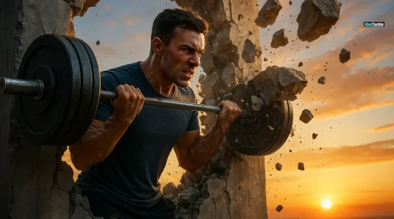 A muscular man breaks through a concrete wall with a barbell at sunrise, symbolizing strength, determination, and overcoming fitness Plateau