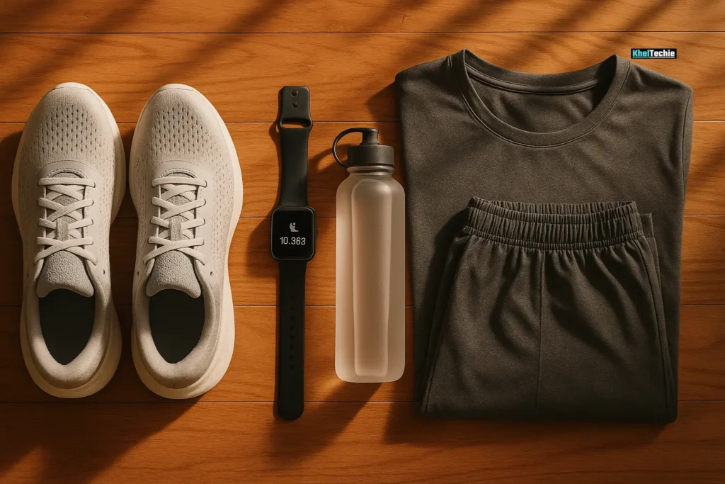 Brisk walking essentials laid out: running shoes, smartwatch, water bottle, and activewear