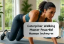 Woman performing caterpillar walking exercise on a yoga mat in a bright, modern home gym