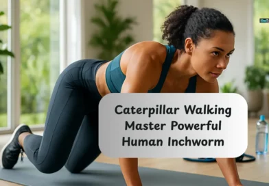 Woman performing caterpillar walking exercise on a yoga mat in a bright, modern home gym