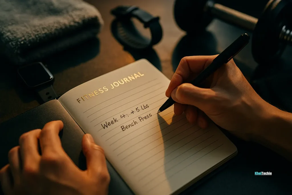 Close-up of fitness progress notes in a stylish workout journal