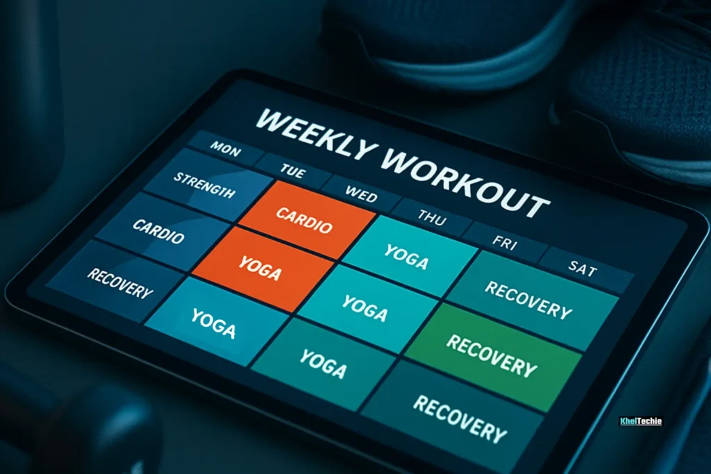 Digital weekly workout planner with color-coded splits on a tablet