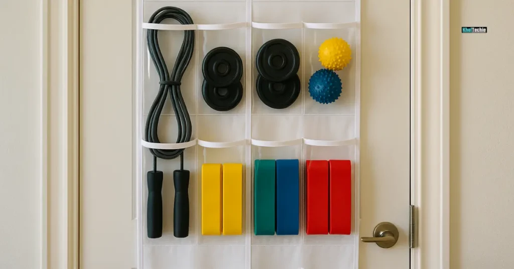 Door-mounted pocket organiser storing compact workout gear
