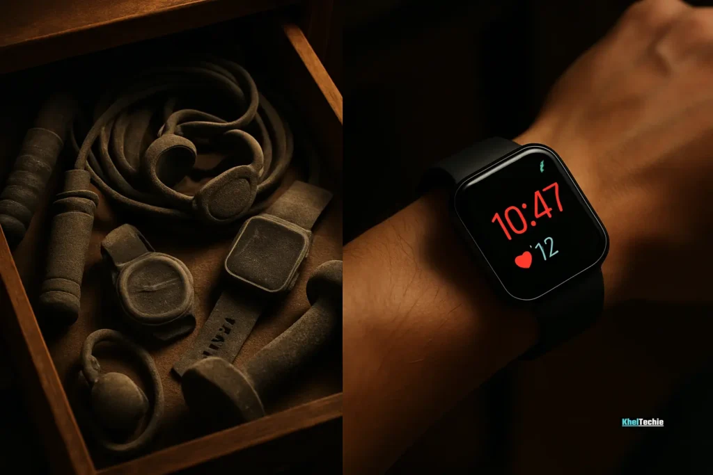 Drawer of unused fitness gadgets vs active smartwatch in use