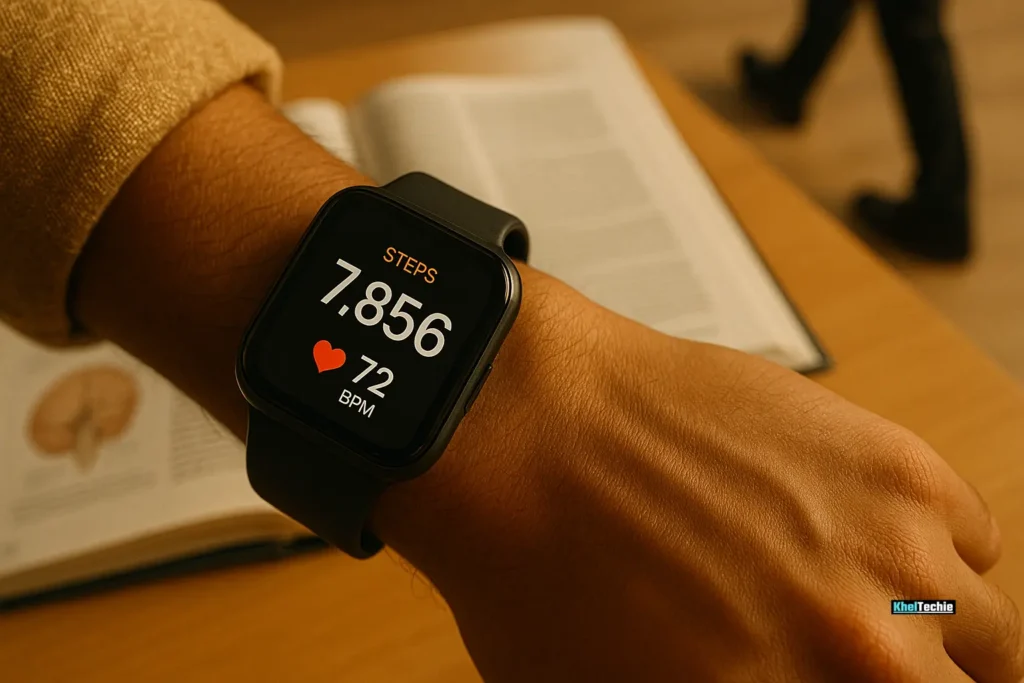 Smartwatch tracking health data during microwalk.