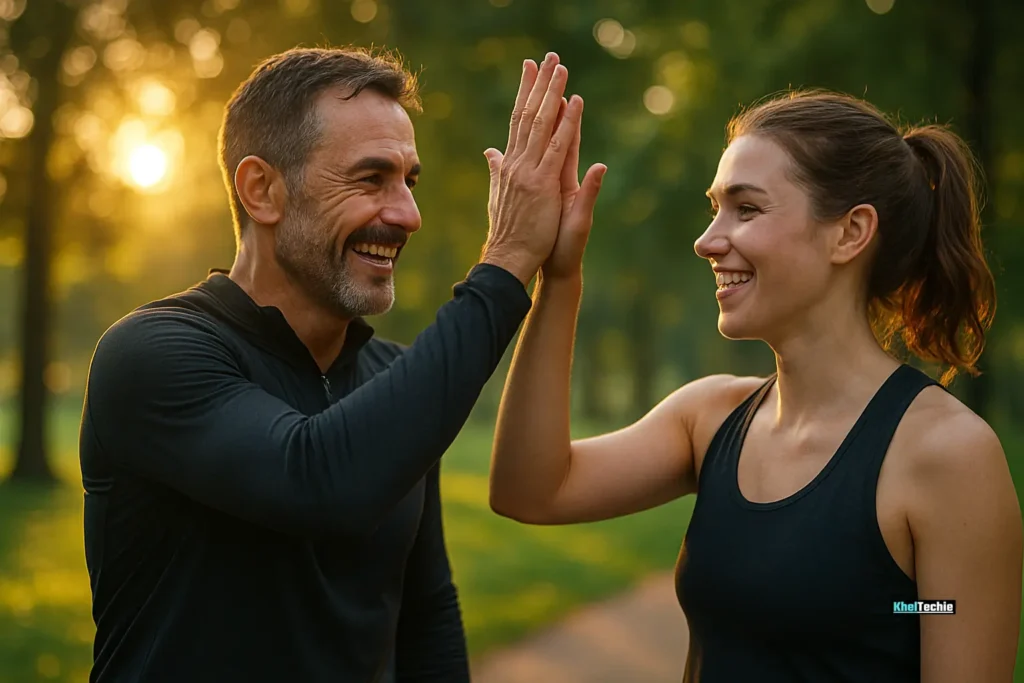 Father and daughter high-fiving after workout in a sunny park