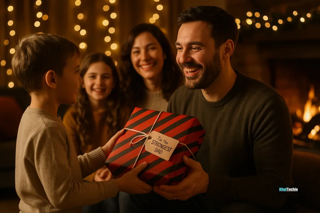 Father receiving a fitness gift from child in warm family living room