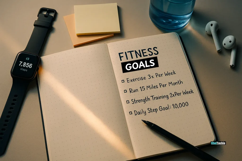 Fitness journal with SMART goals and smartwatch on desk