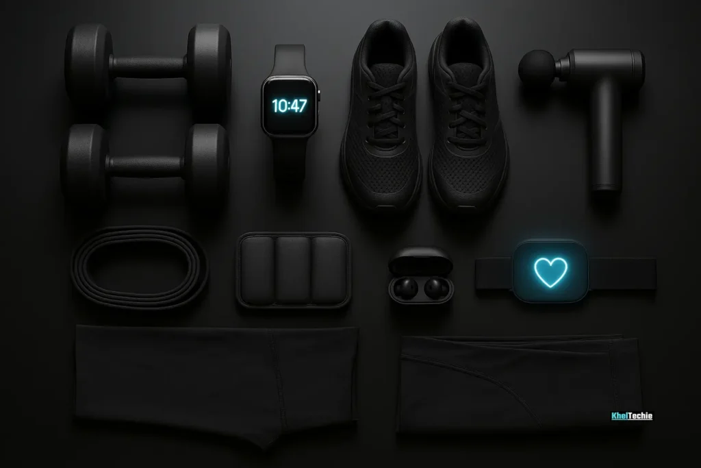 Flat lay of top 10 fitness gear gift ideas for Father’s Day on dark background