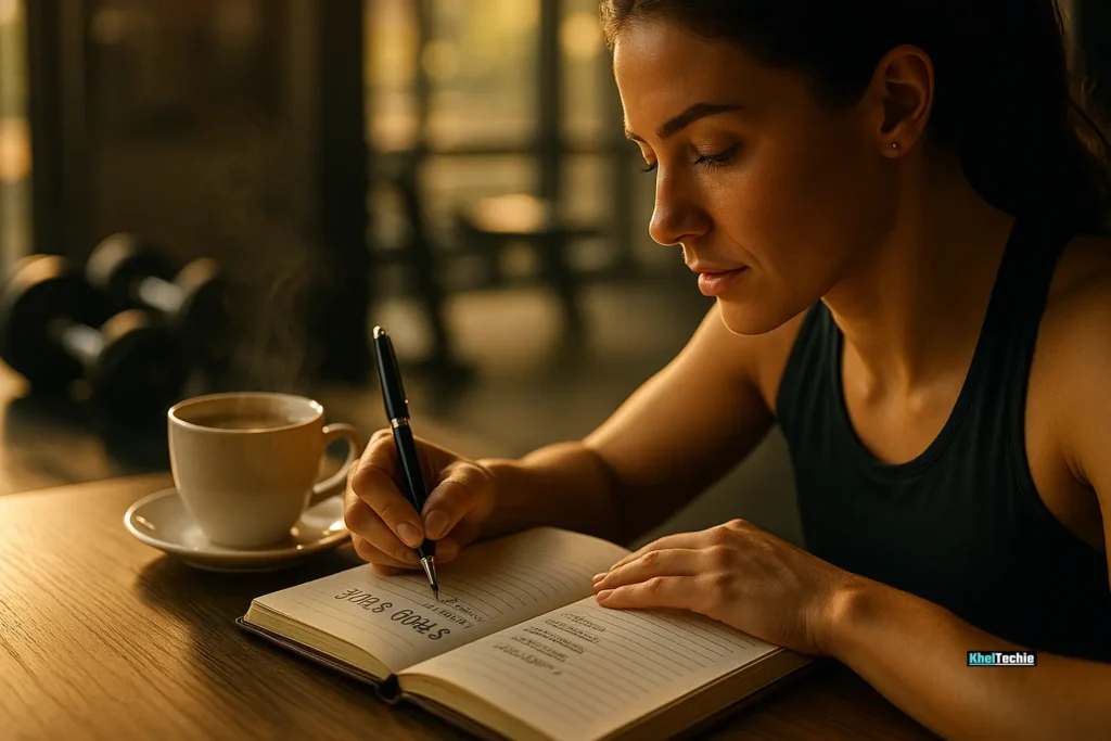 Focused goal-setting session at sunrise with a fitness journal and coffee