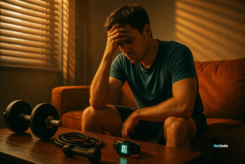 Frustrated person staring at unused fitness gear on couch