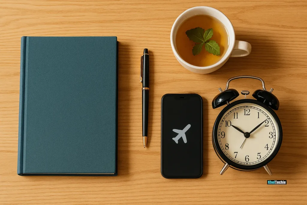Analog essentials for starting a dopamine detox—book, journal and a silenced phone