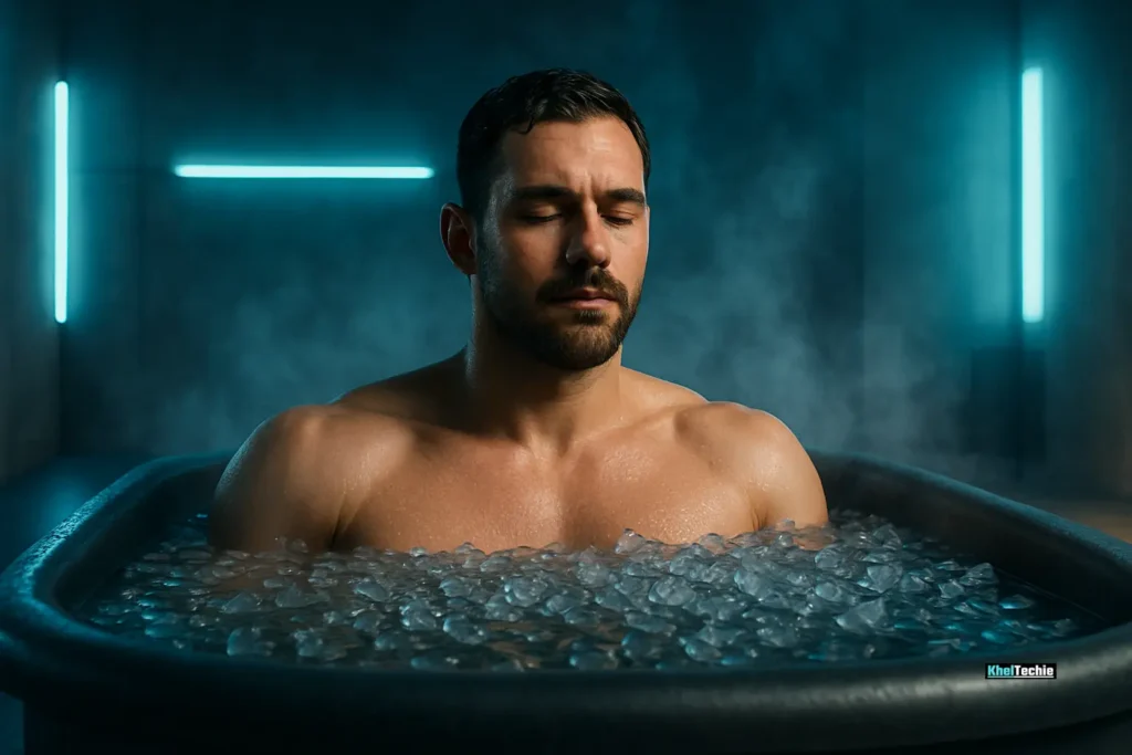 Athlete using cold plunge therapy for muscle recovery and plateau breakthrough.