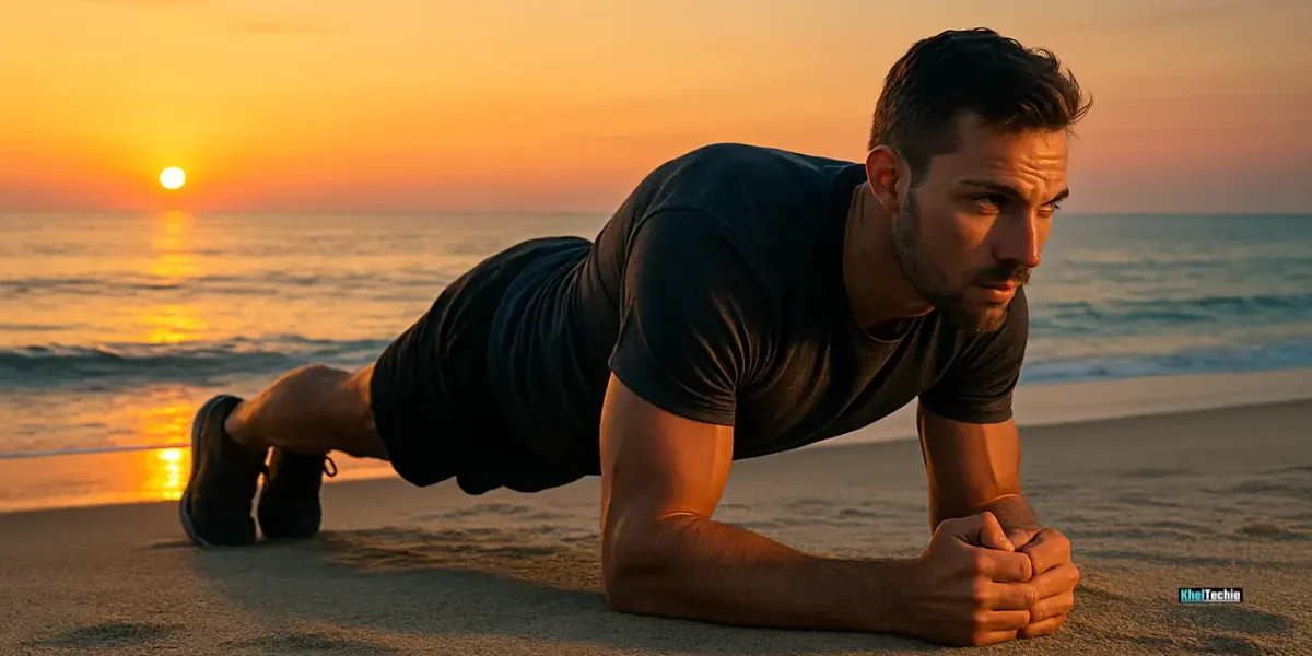 Person performing a plank on the beach during sunrise, exemplifying core strength through static holds