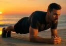 Person performing a plank on the beach during sunrise, exemplifying core strength through static holds