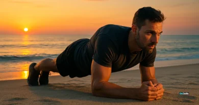 Person performing a plank on the beach during sunrise, exemplifying core strength through static holds